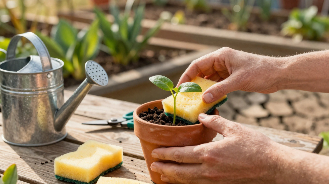 Hands cleaning soil around a young plant in a terracotta pot with a yellow sponge on a wooden table.
