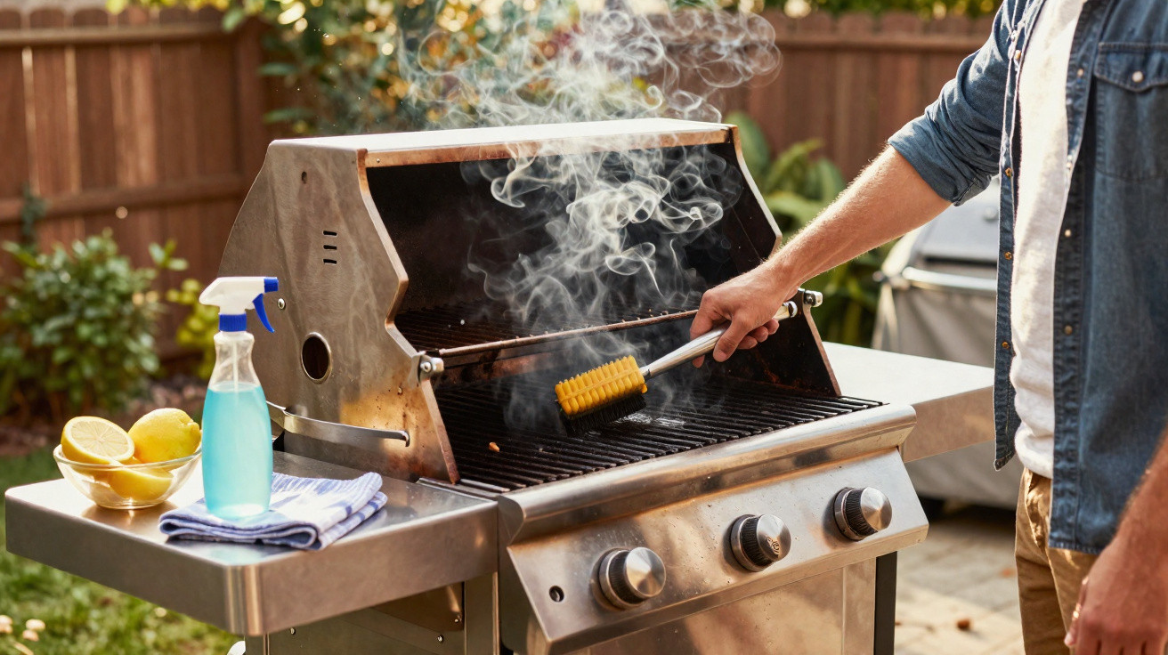 Person cleaning a smoking barbecue grill with a brush in a sunny garden setting.