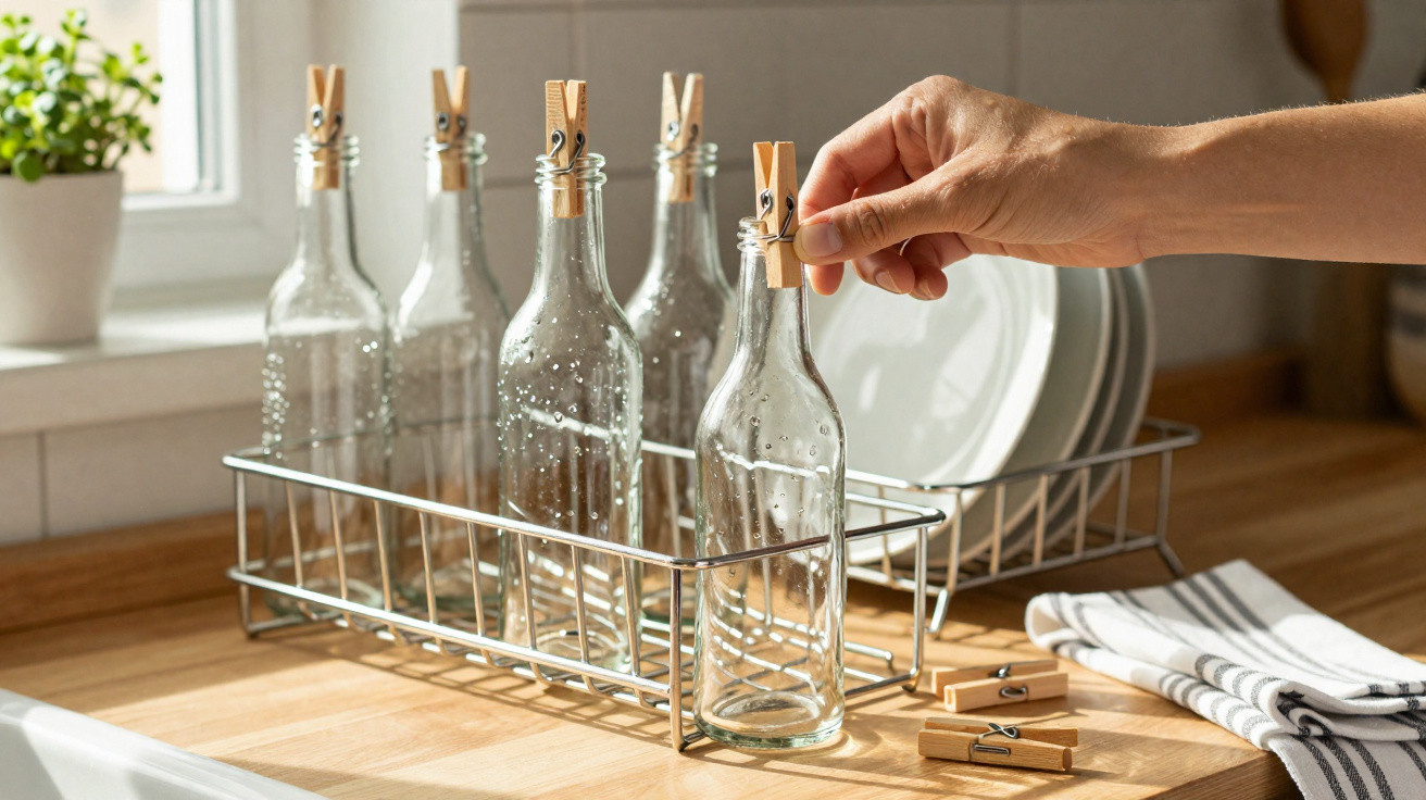 Hand placing a clothespin on an empty glass bottle in a metal rack on a kitchen countertop.
