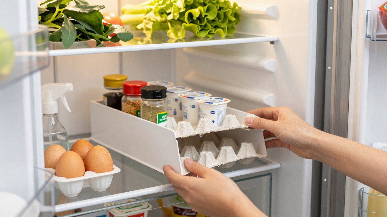 Hands organising condiments and yogurts on a tray inside a fridge with eggs and vegetables visible.