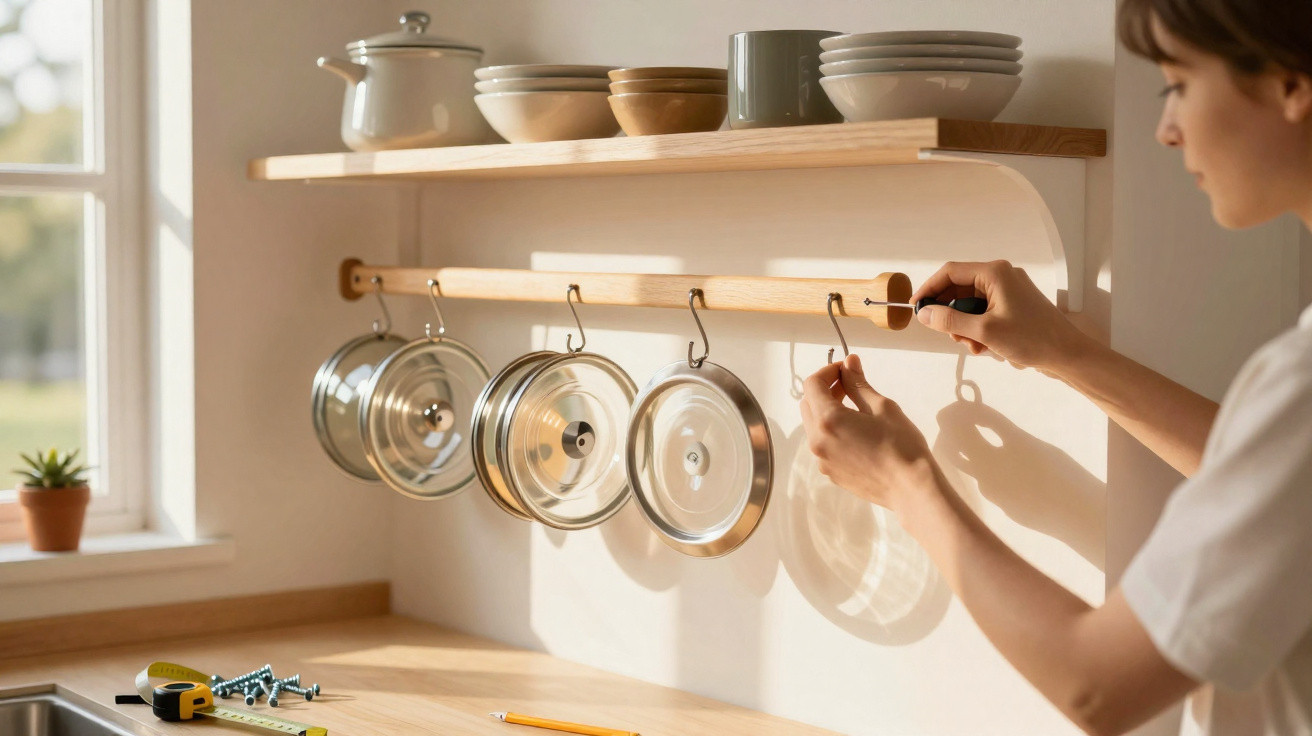 Person installing a wooden rail with hooks to hang pot lids in a bright kitchen.