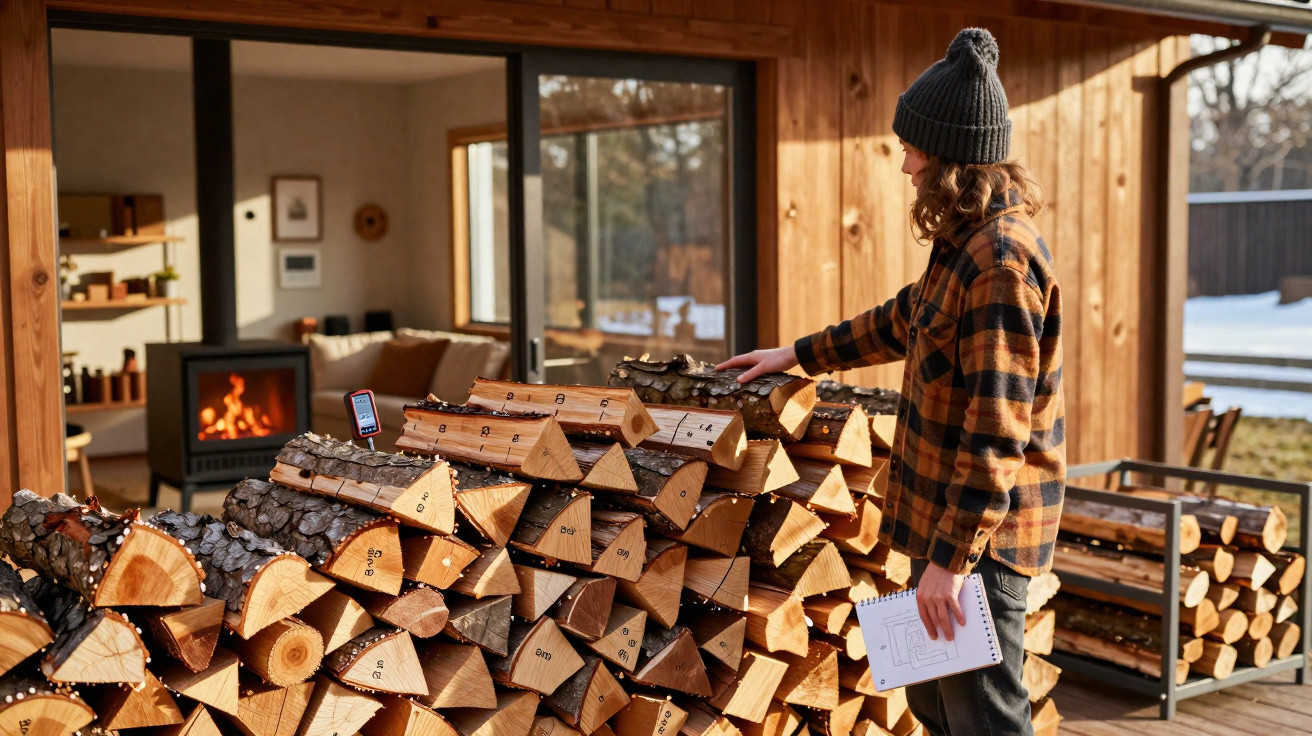 Person in checked shirt and hat arranging firewood next to a modern wooden cabin with a fireplace inside.