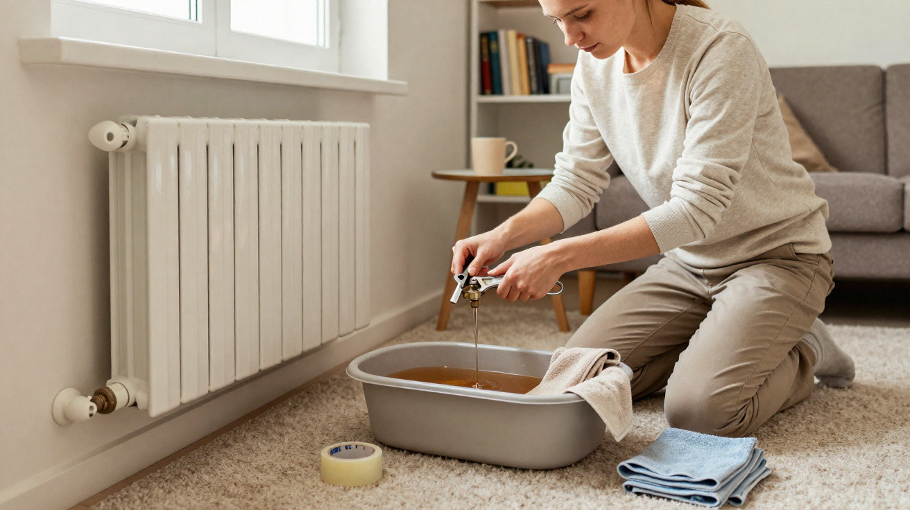 Woman kneeling indoors catching leaking water from a radiator into a basin on a carpeted floor.