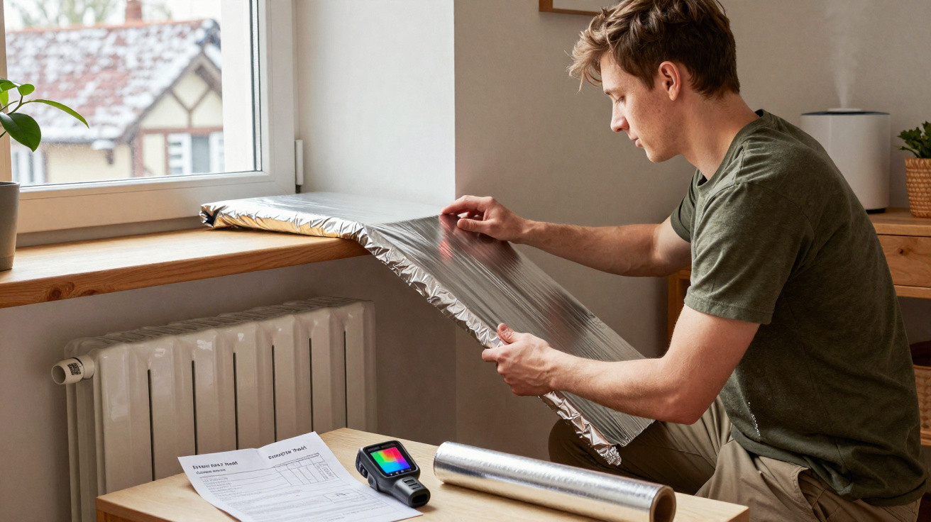 Man fitting reflective insulation foil behind a radiator indoors near a window.