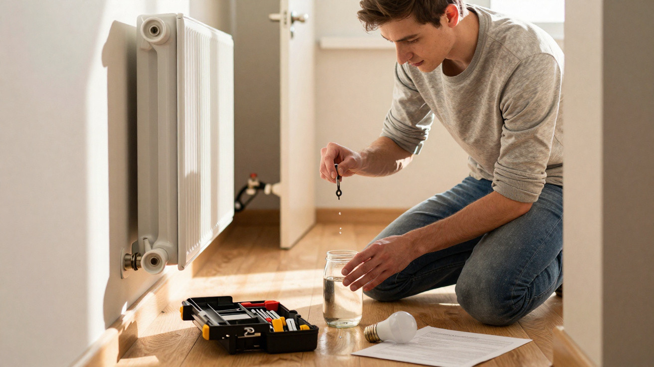 Young man kneeling on floor testing water hardness using a kit beside a radiator and paperwork.