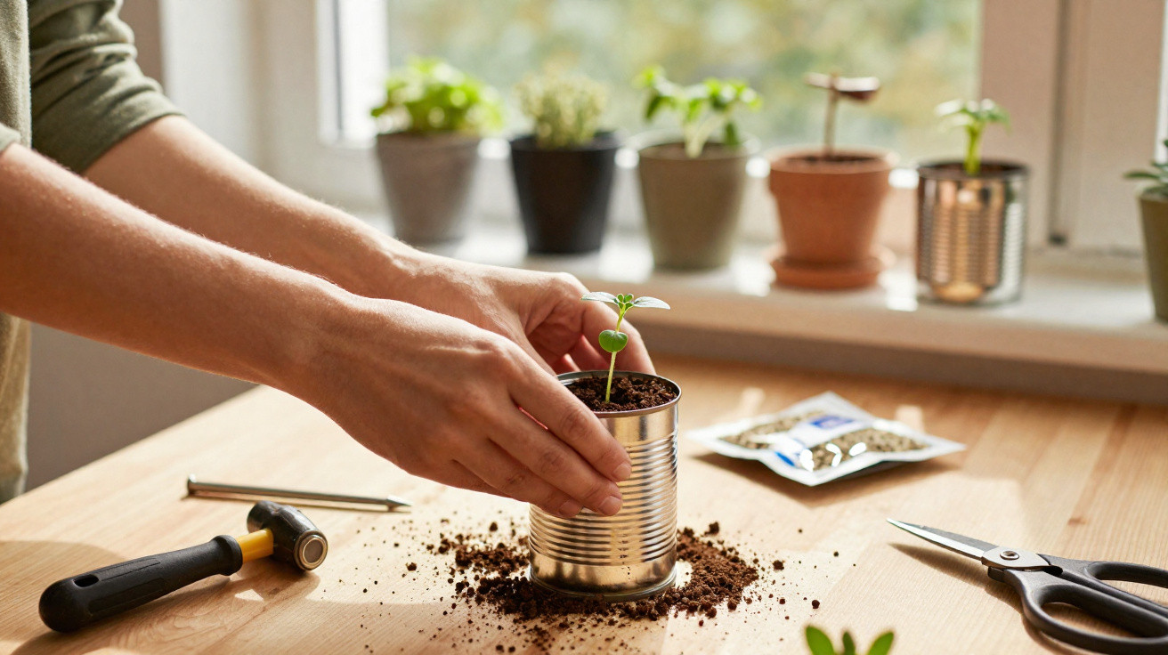 Hands planting a small seedling in soil inside a recycled tin can on a wooden table with gardening tools nearby.