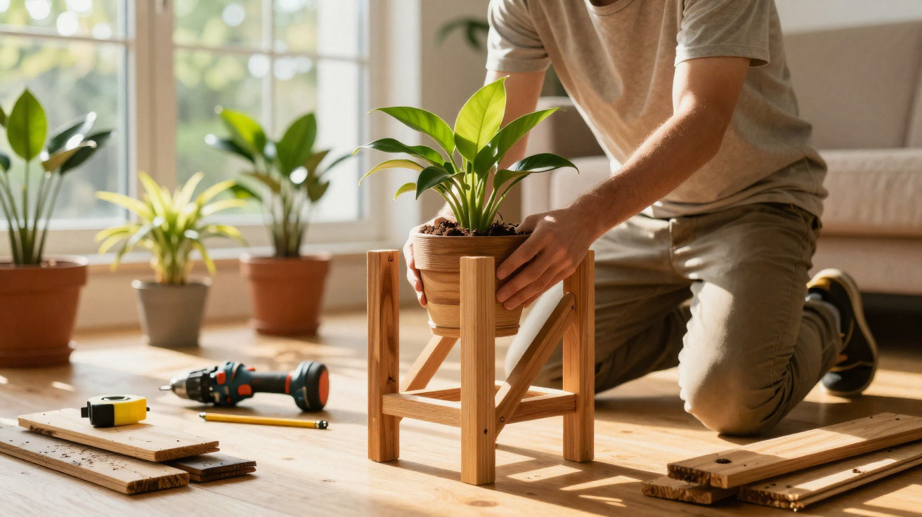 Person assembling a wooden plant stand and placing a potted green plant on it by a sunlit window.