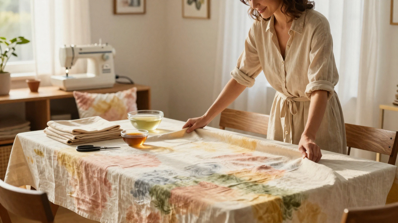 Woman arranging a tie-dye fabric on a dining table in a sunlit room with a sewing machine in the background.