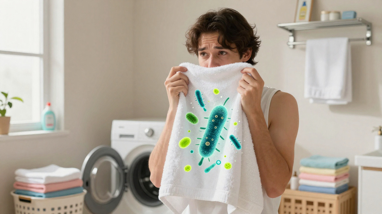 Young man smelling a white towel with graphic bacteria illustrations in a laundry room.