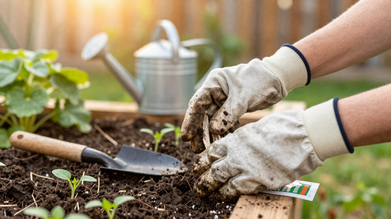 Hands in gardening gloves planting seedlings in soil with trowel and watering can in background.
