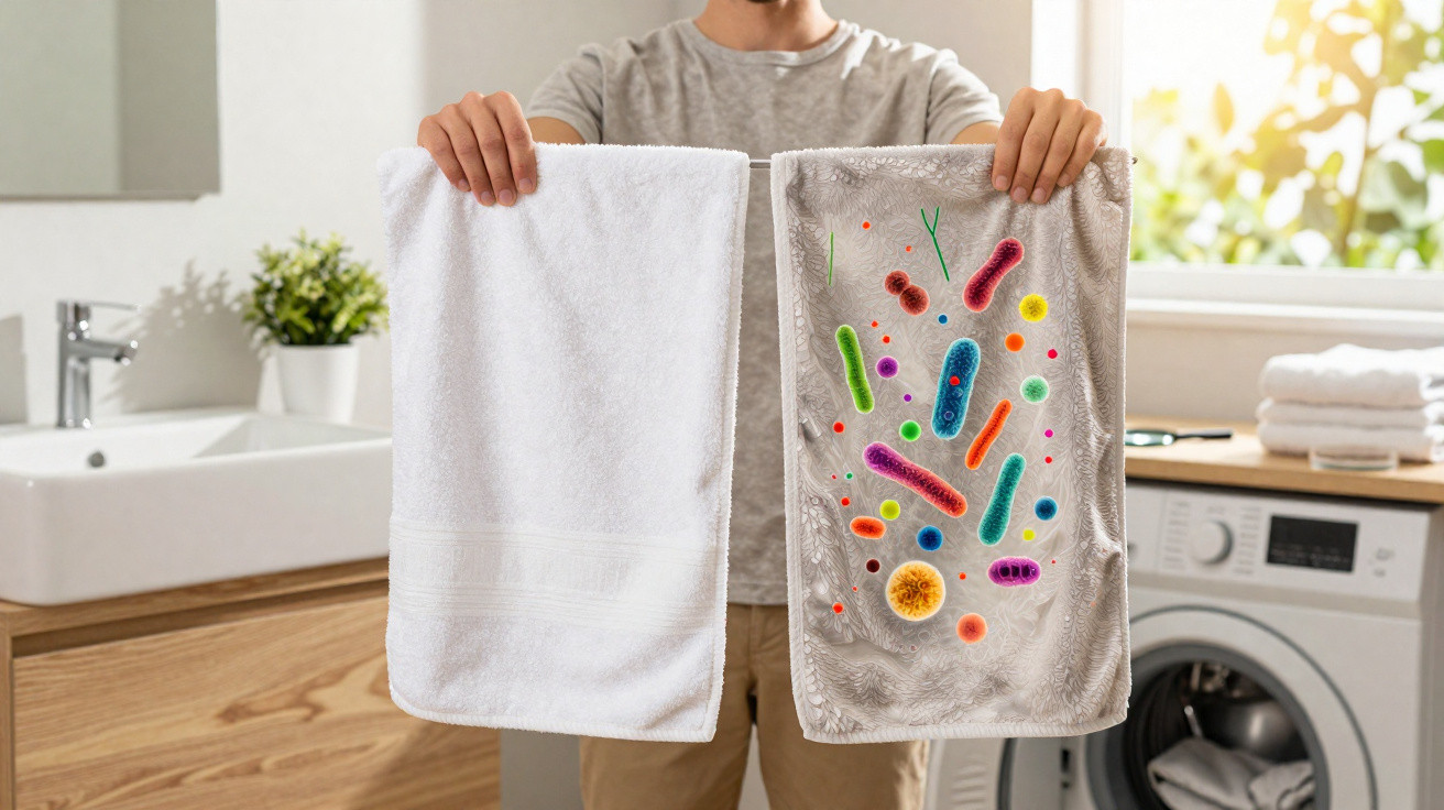 Person holding two towels, one clean white and one showing colorful bacteria and germs illustration.