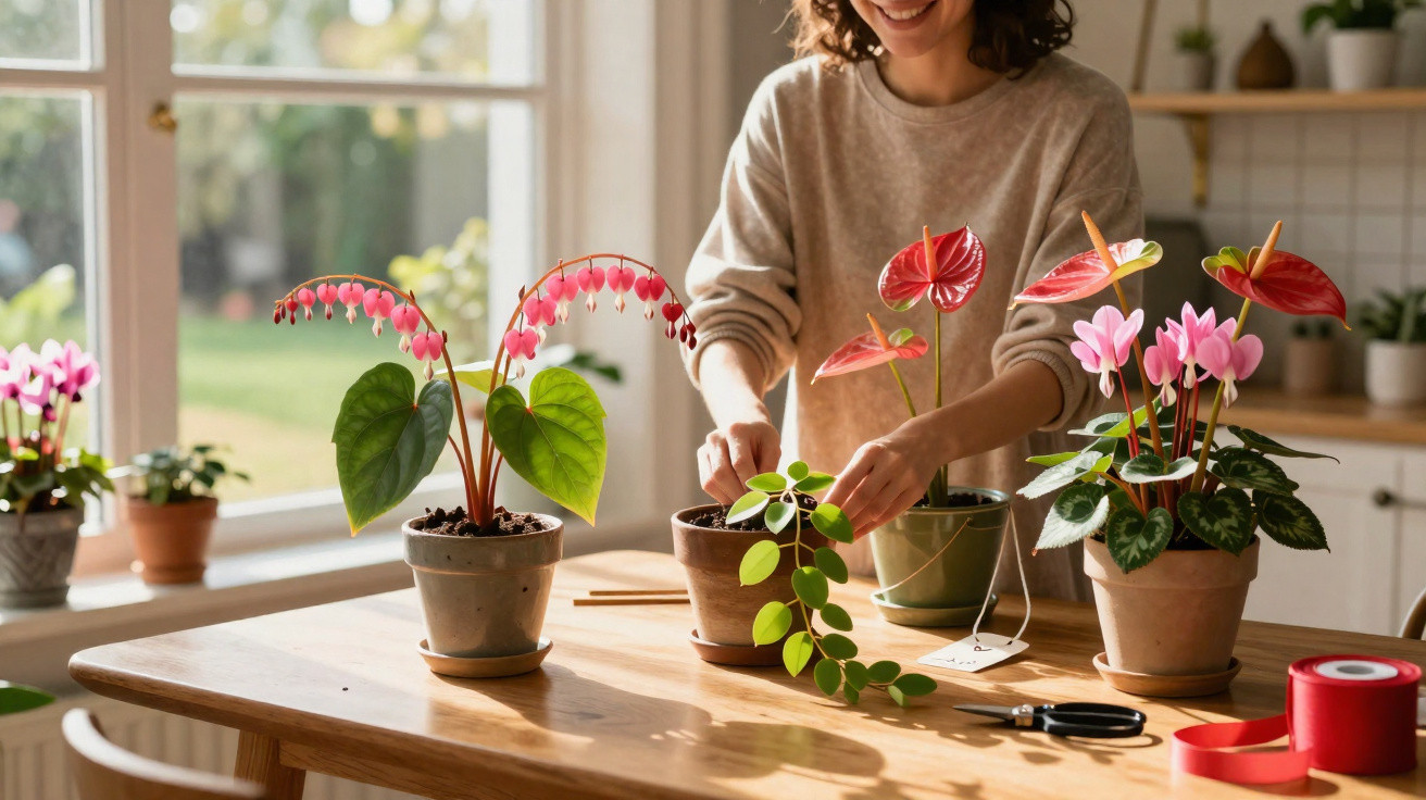 Person tending to potted flowering plants on a wooden table in a sunlit room by a window.