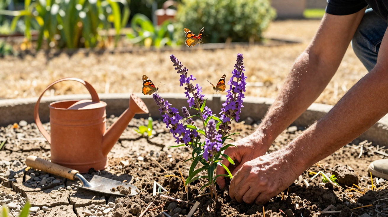 Person planting purple flowers in a garden bed with a watering can, trowel, and three butterflies nearby.
