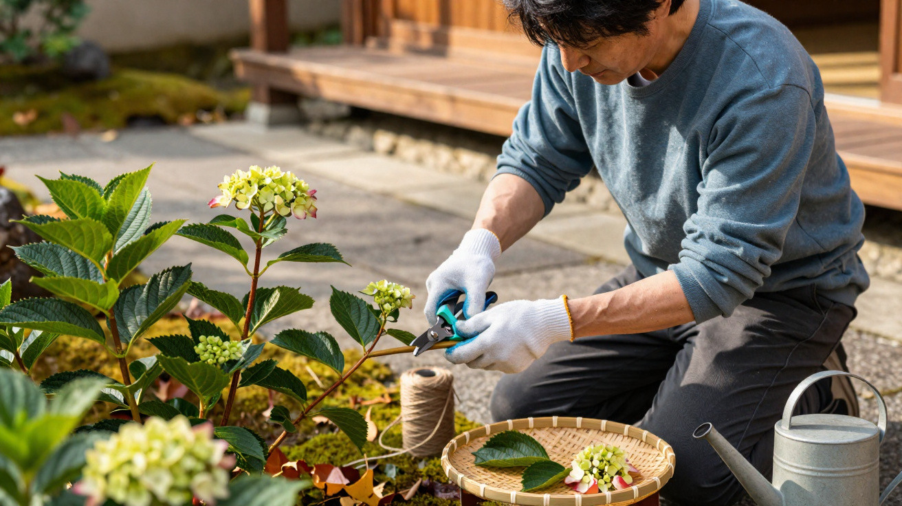 Man wearing gloves pruning flowers in a garden with gardening tools and a watering can nearby.