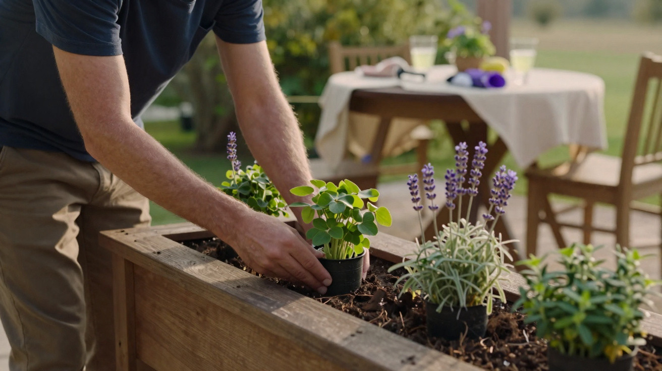 Person planting herbs in a wooden raised garden bed outdoors with a table and chairs in the background.