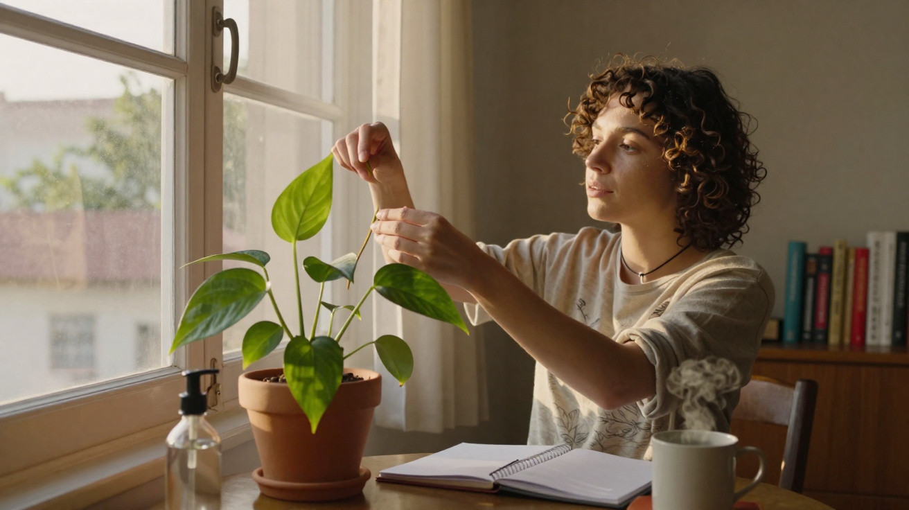 Person pruning a potted plant on a table by a window with notebook, water spray bottle, and mug nearby.