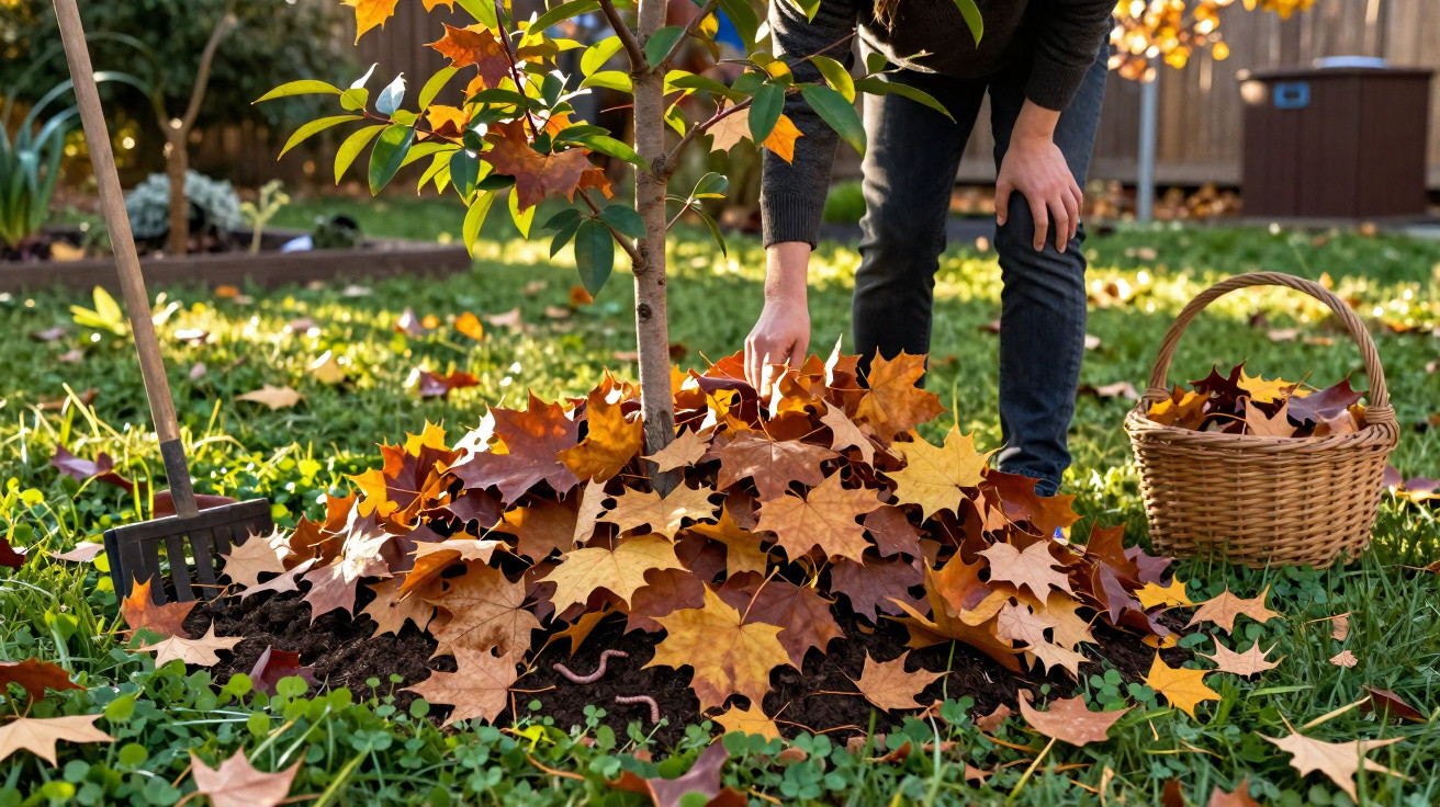 Person gathering autumn leaves around a young tree in a garden with a rake and wicker basket nearby.