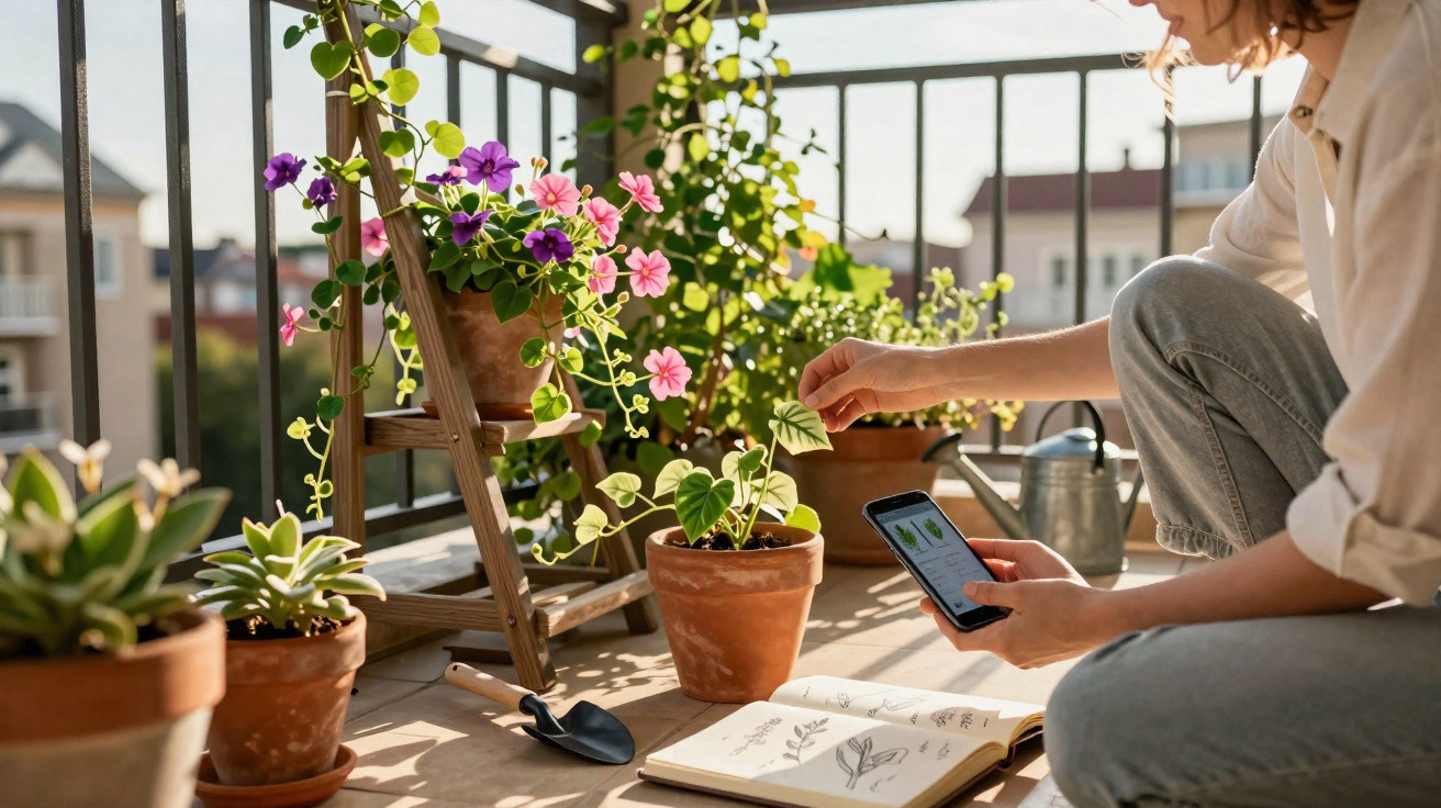 Person using a smartphone to identify houseplants on a sunlit balcony with potted flowers and gardening tools.