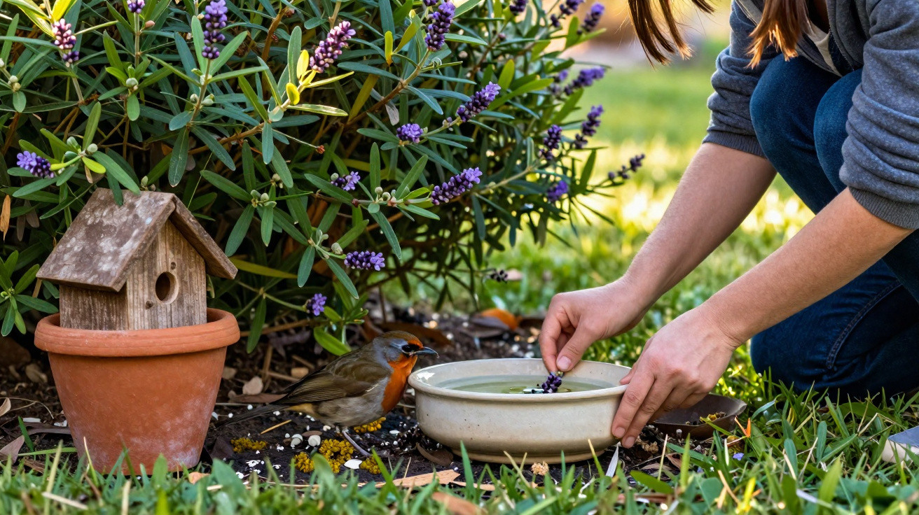 Person placing berries in a bowl outdoors near a small birdhouse and a robin beside purple flowers.