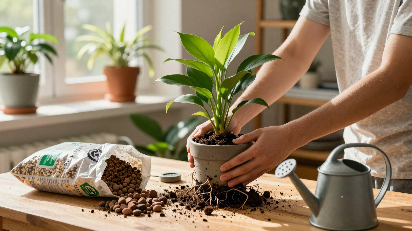 Person repotting a green houseplant on a wooden table with soil and a watering can nearby in a bright room.