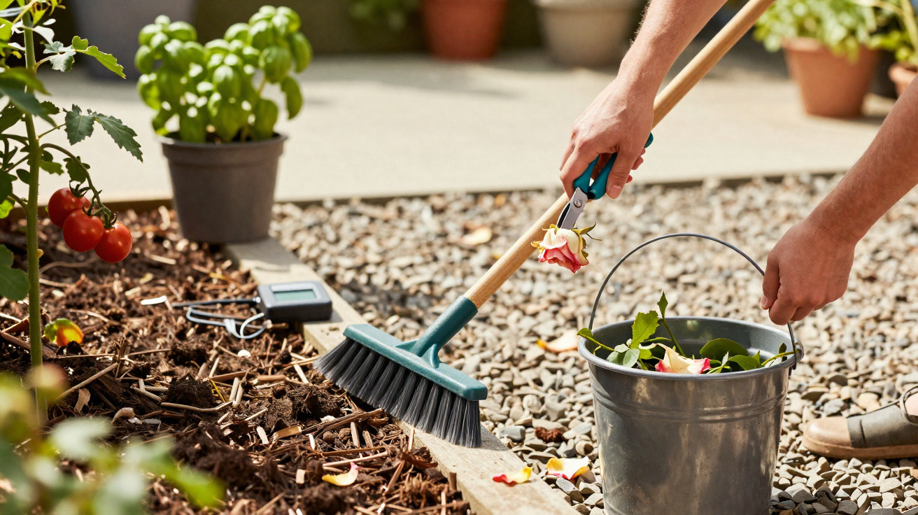 Person sweeping garden bed edges with a broom, collecting fallen petals into a metal bucket.