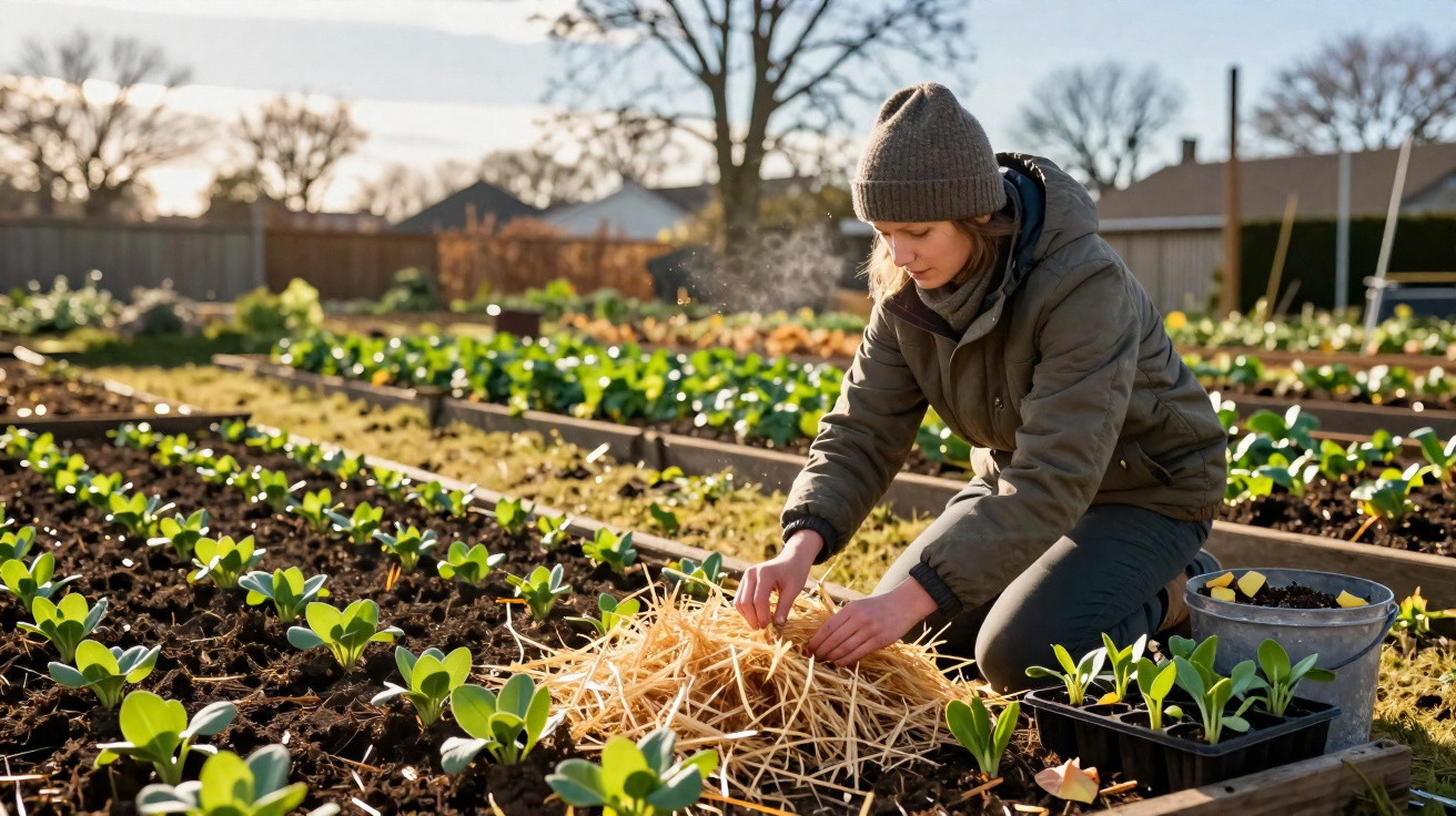 Person wearing a beanie and jacket mulching soil in a vegetable garden with young plants on a sunny day.