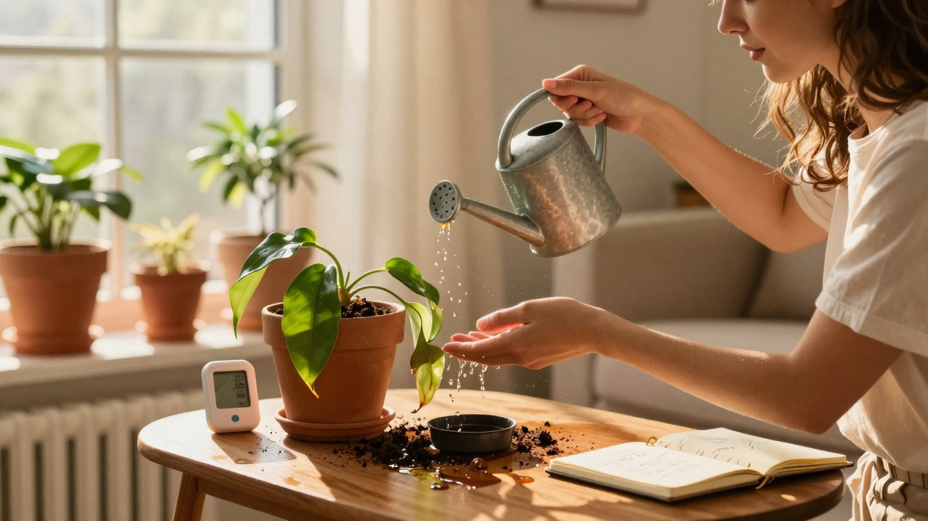 Woman watering a potted plant on a wooden table with spilled soil and an open notebook nearby.