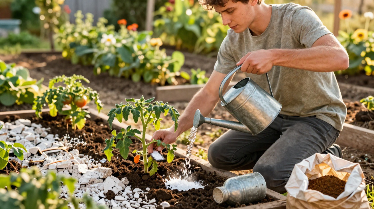 Young man watering and fertilising tomato plant in a garden bed on a sunny day