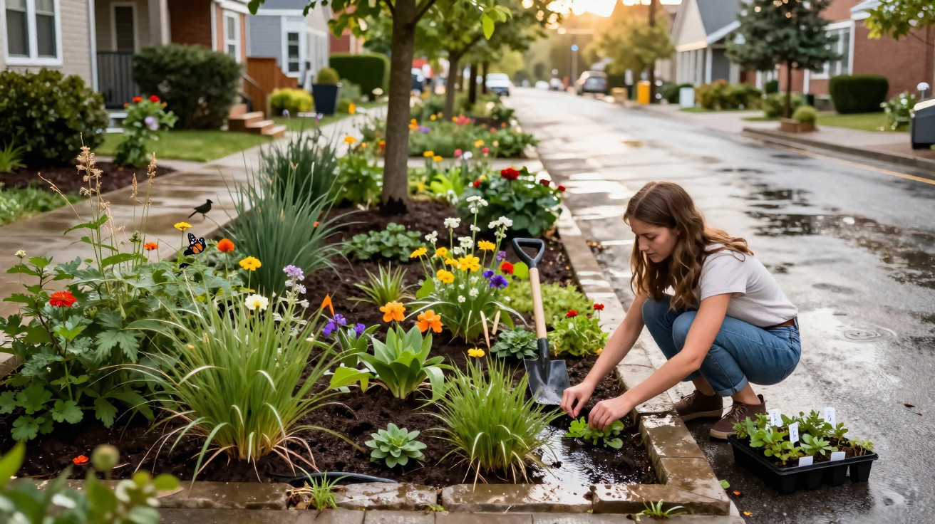 Woman planting flowers in a colourful garden bed along a suburban street at sunset.