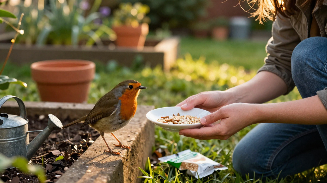 Person feeding a European robin seeds from a white plate in a garden on a sunny day.