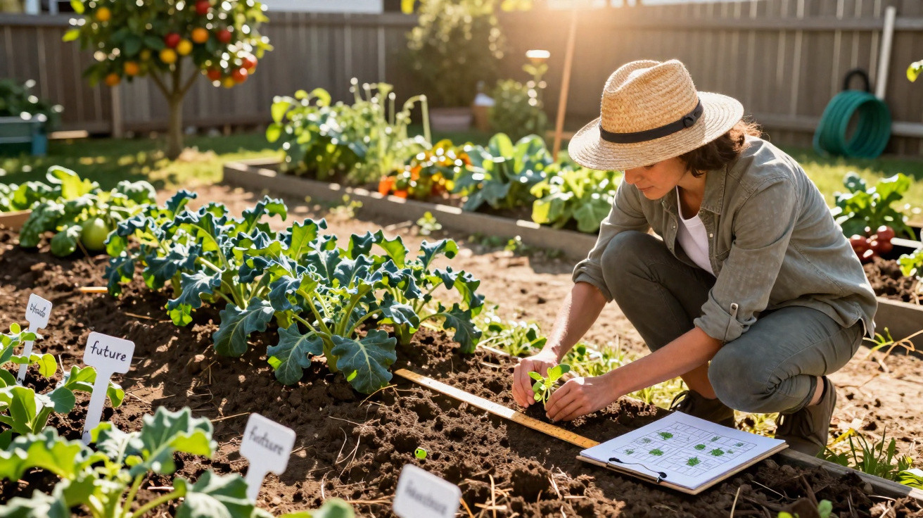 Person in a straw hat planting seedlings in a garden with labelled vegetable patches at sunset.