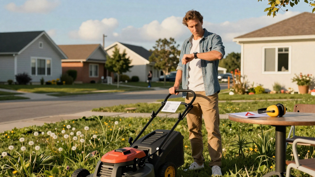 Man standing next to a lawnmower in a garden, checking his watch on a sunny day in a suburban neighbourhood.