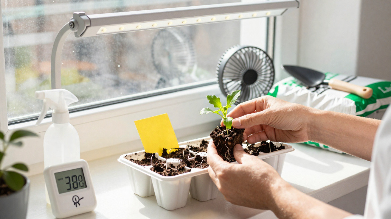 Hands transplanting a seedling into a white seed tray on a windowsill with grow lights and gardening tools.
