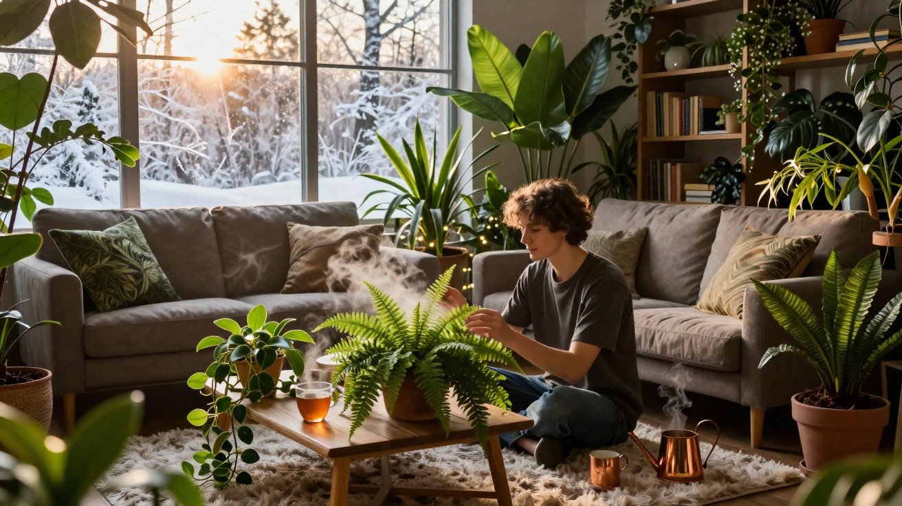Person sitting on a rug tending to a steaming fern in a cosy, plant-filled living room at sunset.