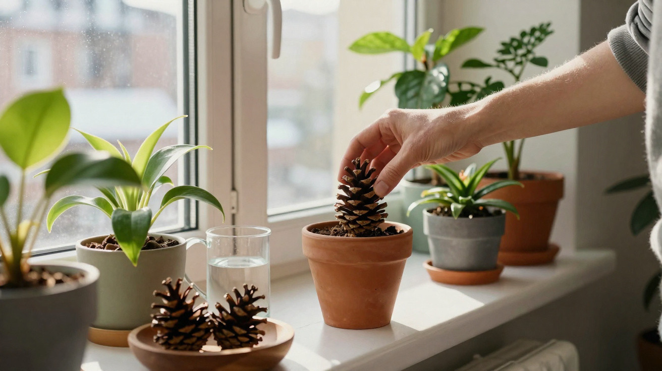 Hand placing a pinecone in a terracotta pot among green potted plants on a bright windowsill.