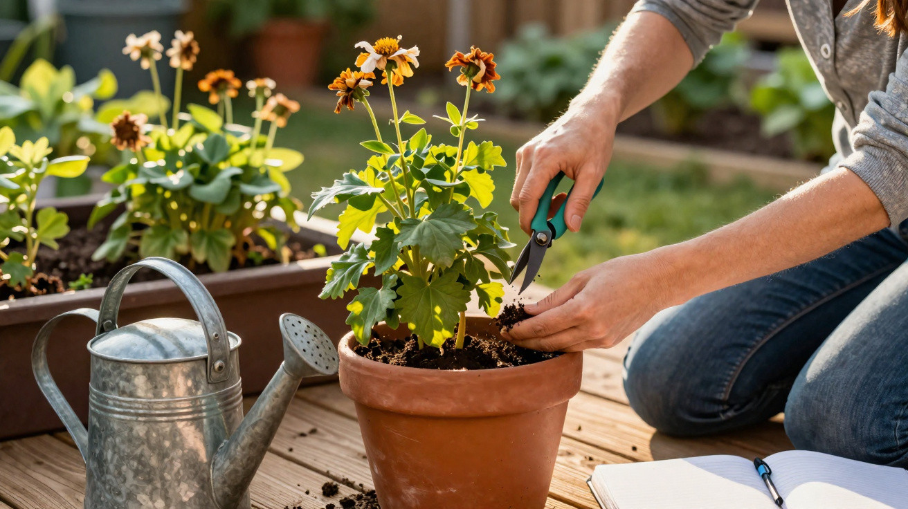 Person using pruning shears to trim a flowering plant in a terracotta pot on a wooden deck with watering can nearby
