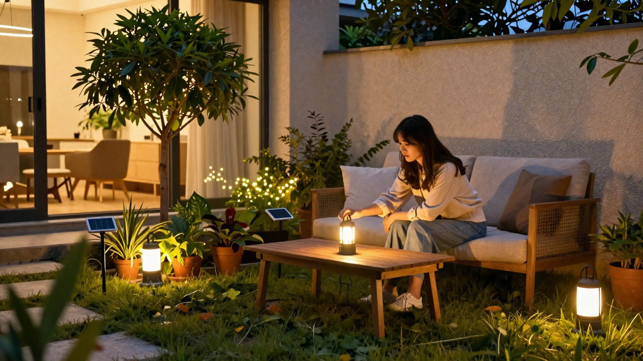 Woman sitting on a garden sofa lighting a lantern on a wooden table surrounded by plants and outdoor solar lamps at dusk.