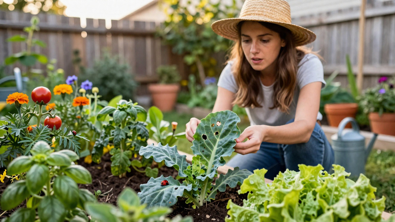 Woman wearing a straw hat tending to a leafy vegetable plant with holes in its leaves in a garden.