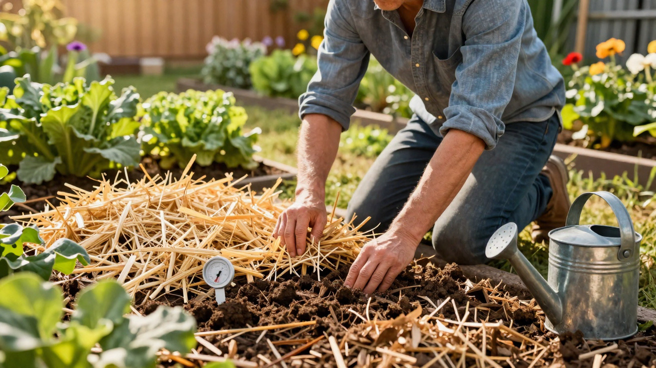 Person in denim shirt planting seeds in soil covered with straw mulch in a sunny garden.