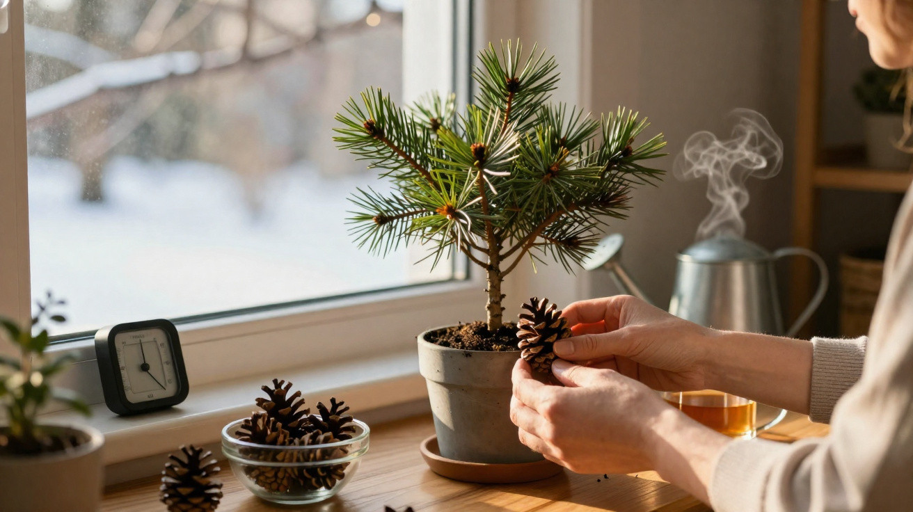 Person holding a pine cone near a small potted pine tree on a wooden table by a window.