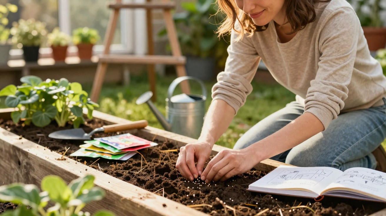 Woman planting seeds in soil of a raised garden bed with seed packets, watering can, and gardening book nearby.