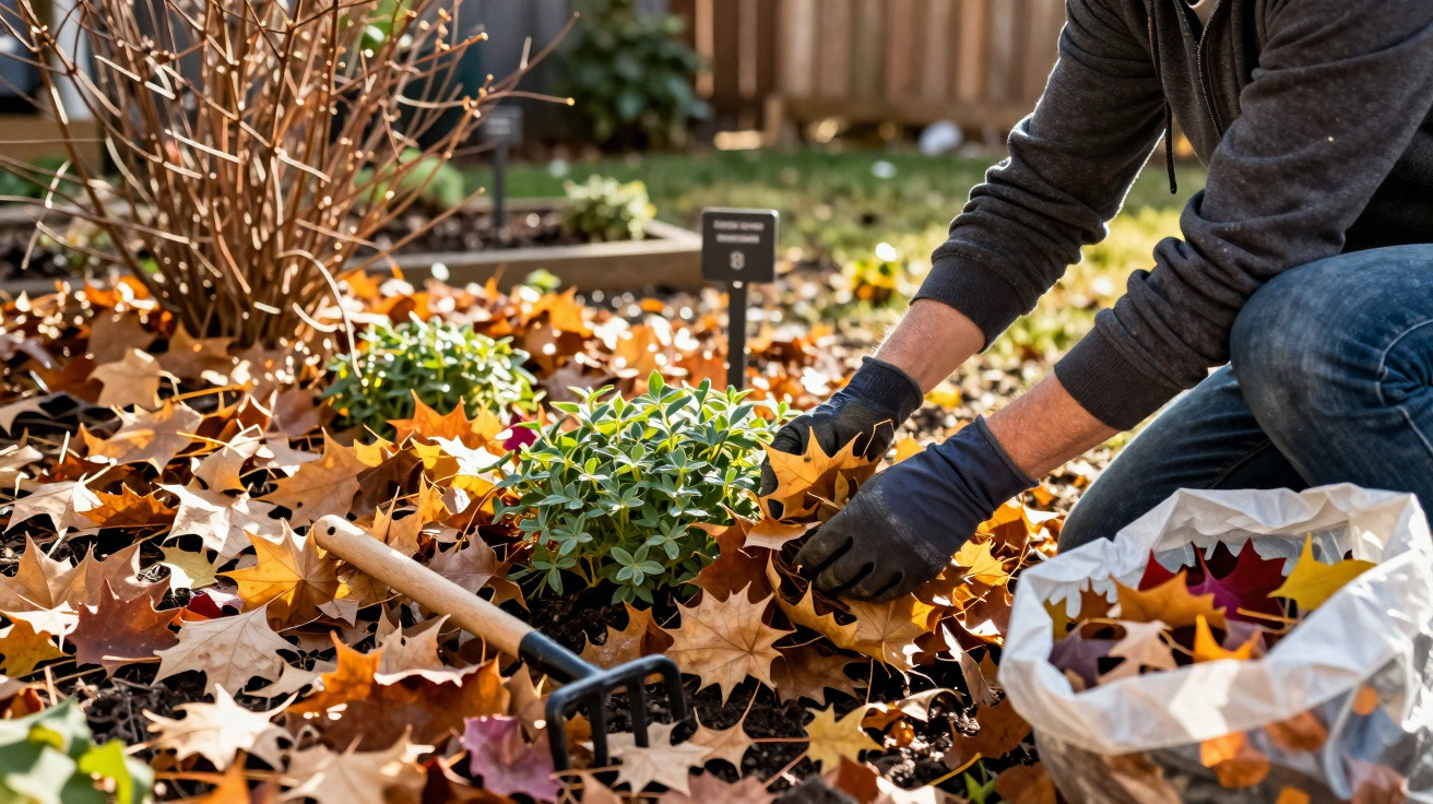 Person wearing gloves clearing fallen autumn leaves from plants in a garden bed on a sunny day