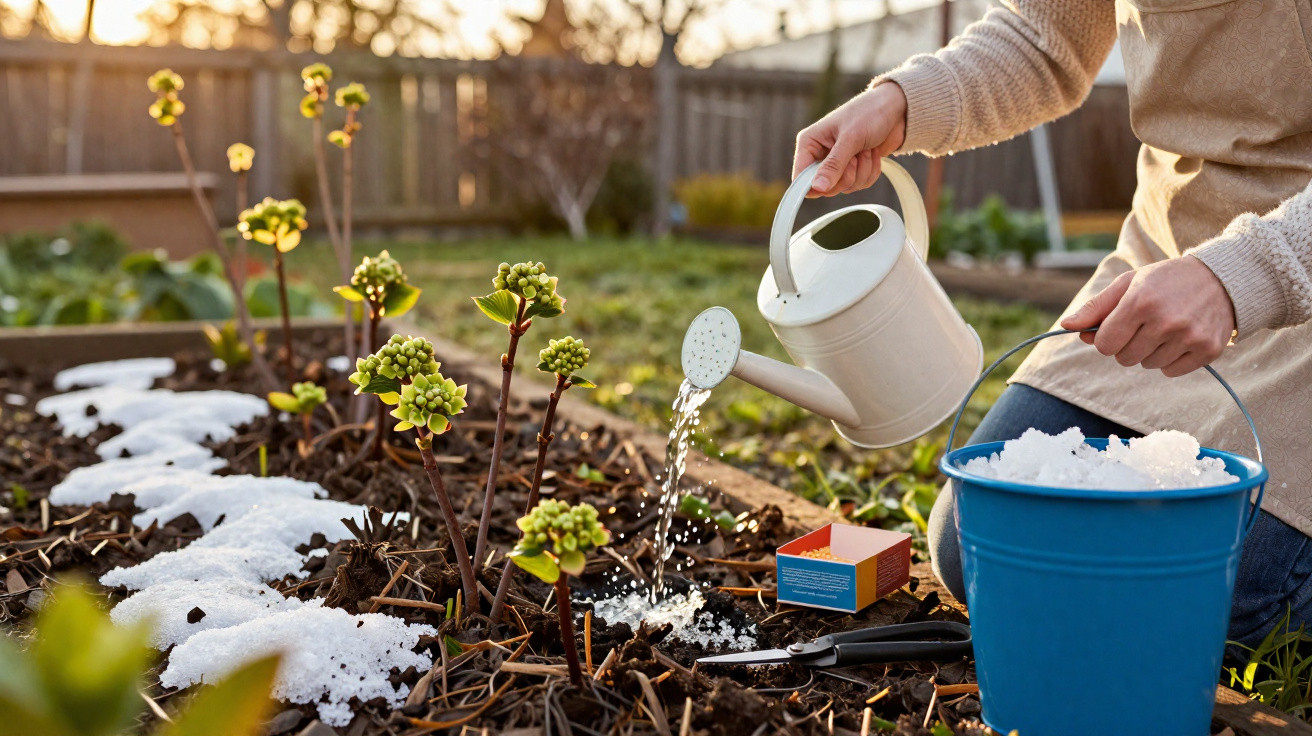 Person watering plants in a garden bed with patches of melting snow during sunset.