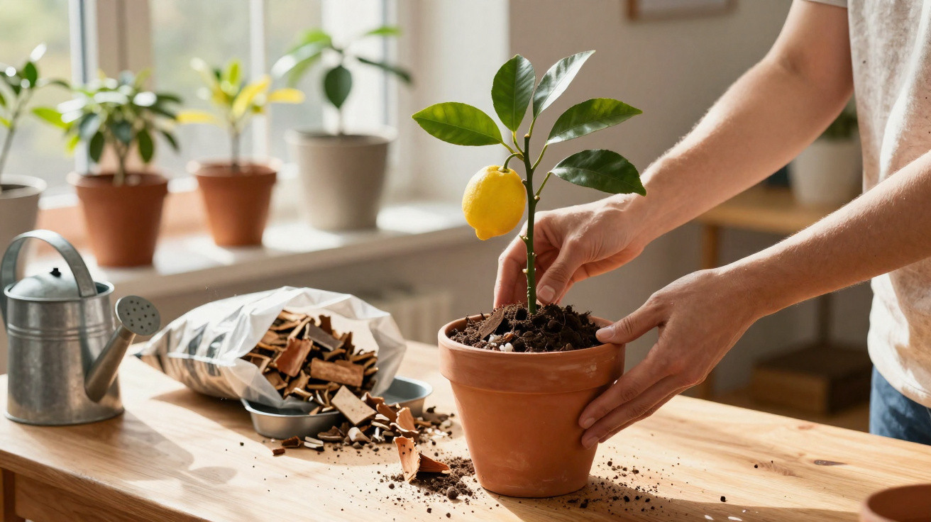 Person repotting a small lemon tree with soil and bark chips on a wooden table next to a watering can.