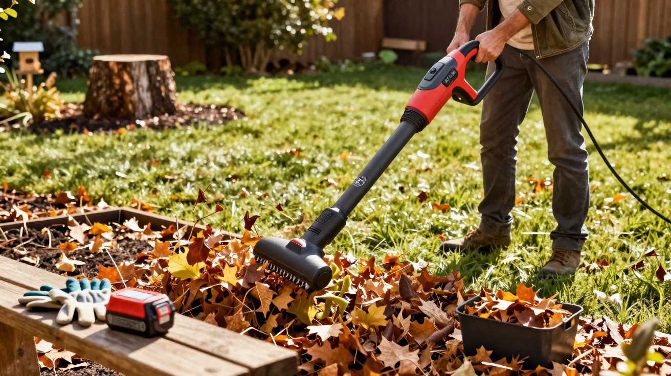 Person using a red electric leaf vacuum to clear autumn leaves from a garden bed on a sunny day.