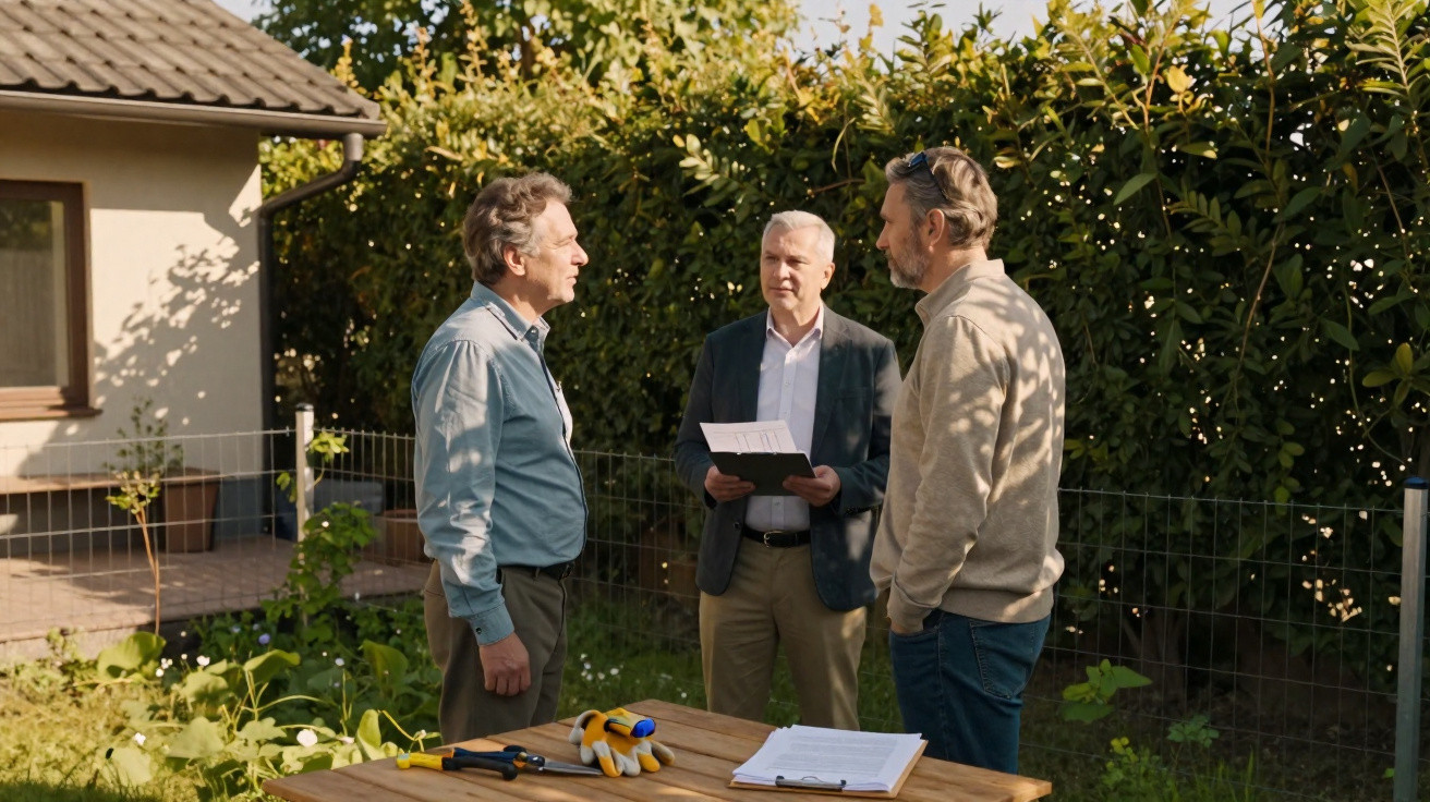 Three men discussing paperwork outside near a garden table with gloves and tools on it.