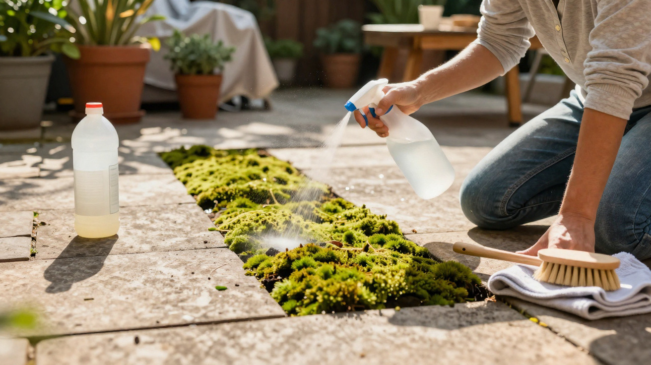 Person spraying water on moss growing between patio stones with cleaning brush and bottle nearby.