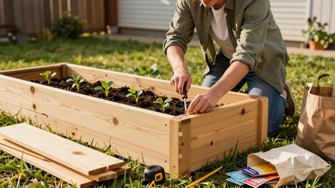 Person assembling a wooden raised garden bed with small plant seedlings in a sunny backyard.