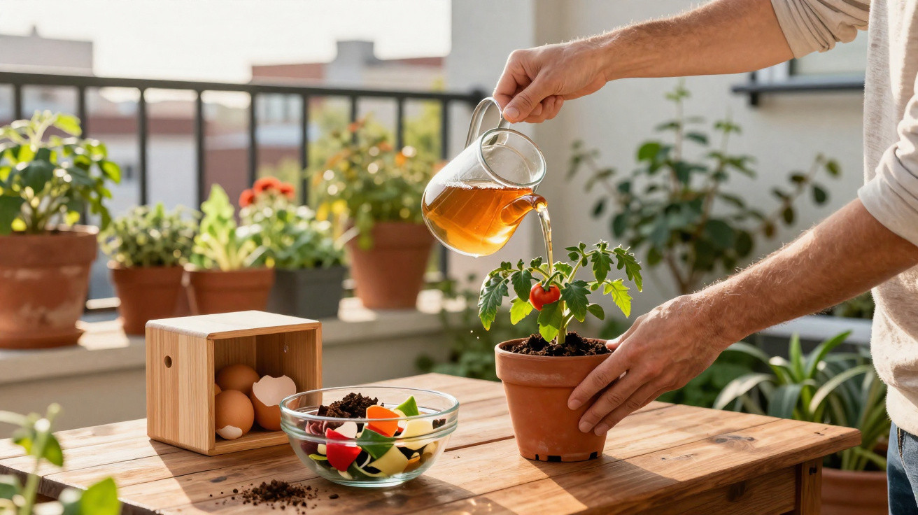 Person watering a small tomato plant in a terracotta pot on a wooden table with gardening supplies.