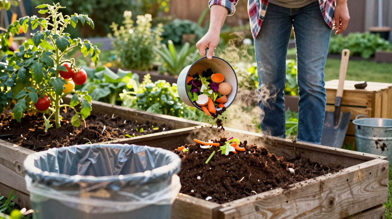Person adding vegetable scraps and eggshells to a raised garden bed compost pile in a backyard garden.